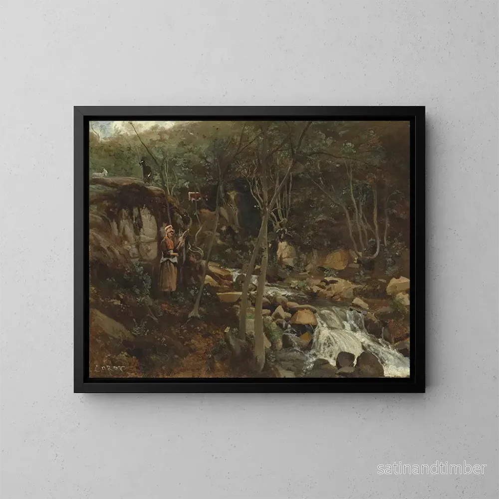 Reproduktion av målningen En flod med en stående get som spinner - Jean-Baptiste-Camille Corot