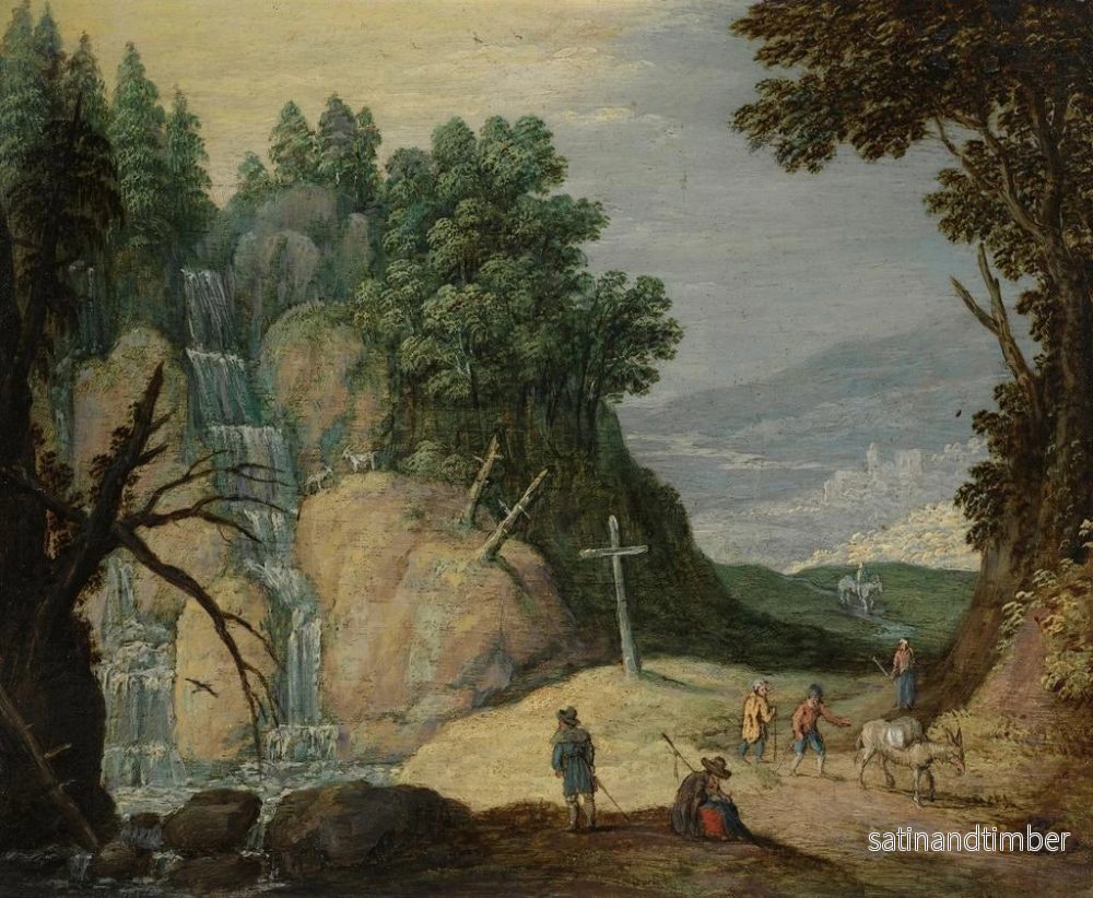 Reproduktion av målningen av ett bergigt landskap med ett vattenfall och resenärer på en väg - Marten Ryckaert - Bild 2
