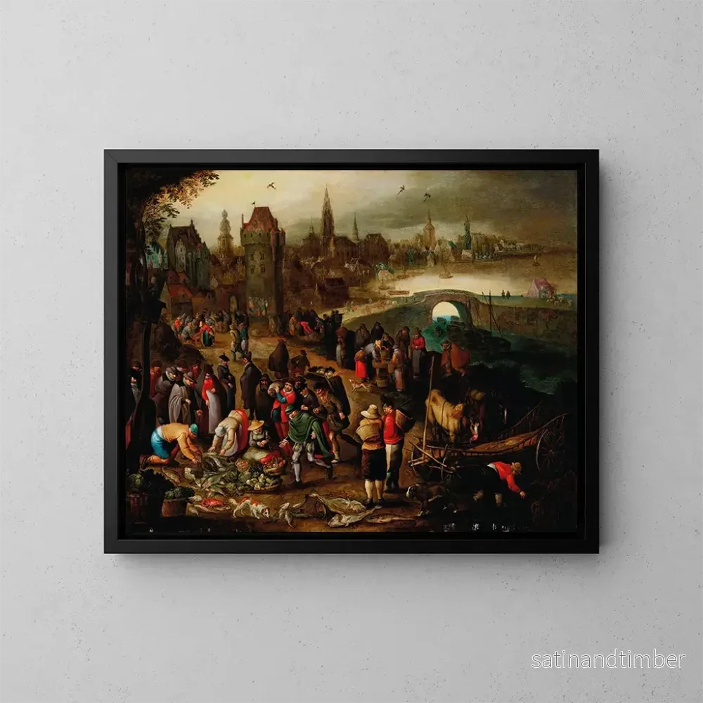 Reproduktion av målningen En fiskmarknad framför en stad vid vattnet - Pieter Brueghel III