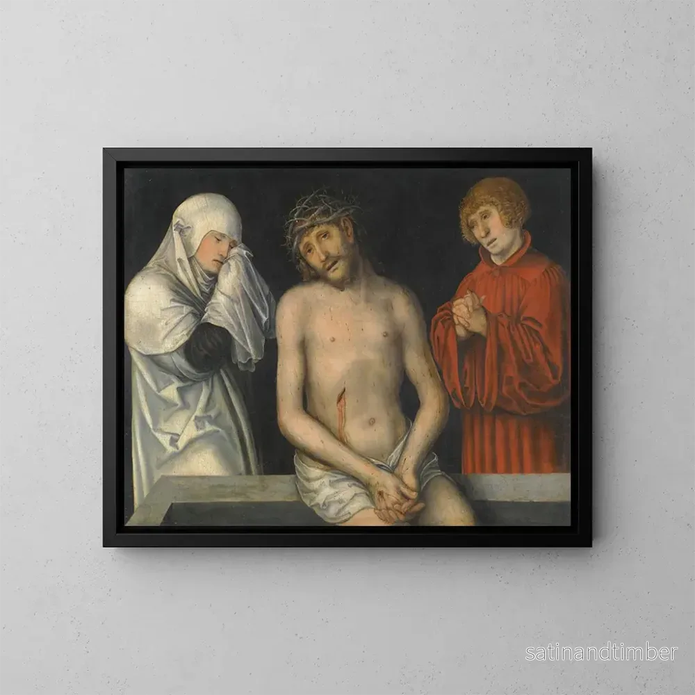 Reproduktion av målningen av Kristus som man av smärta med Jungfrun och helige Johannes - Lucas Cranach den yngre