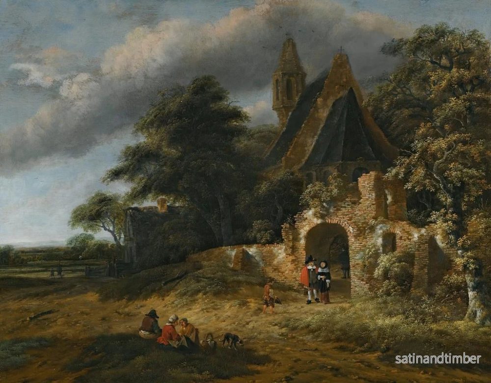 Reproduktion av målningen av ett landskap med figurer framför väggarna av ett förfallet kyrka - Salomon Rombouts - Bild 2