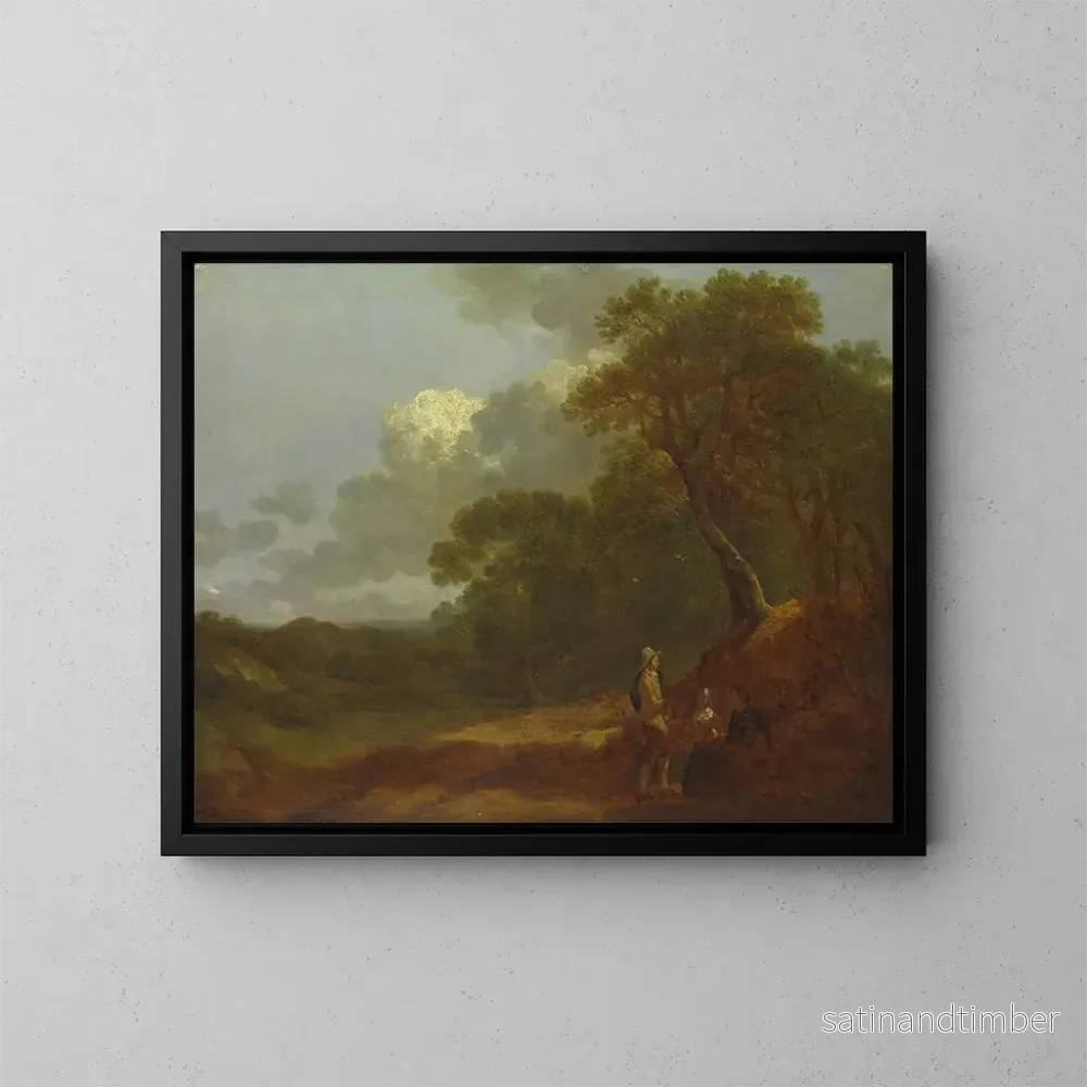 Reproduktion av målningen landskapsbild med skog och en man som talar med två kvinnor sittande - Thomas Gainsborough