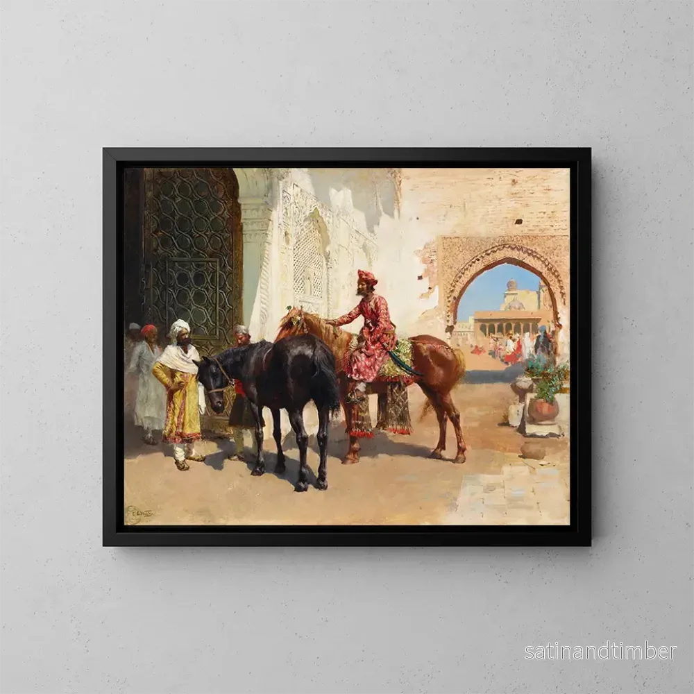 Reproduktion av målningen Vendeur de chevaux persans à Bombay - Edwin Lord Weeks