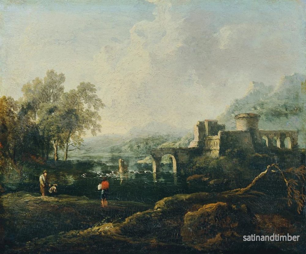 Reproduktion av målningen av ett idealiskt landskap med flod och ruin av en bro, Le Matin - Johann Christian Brand - Bild 2