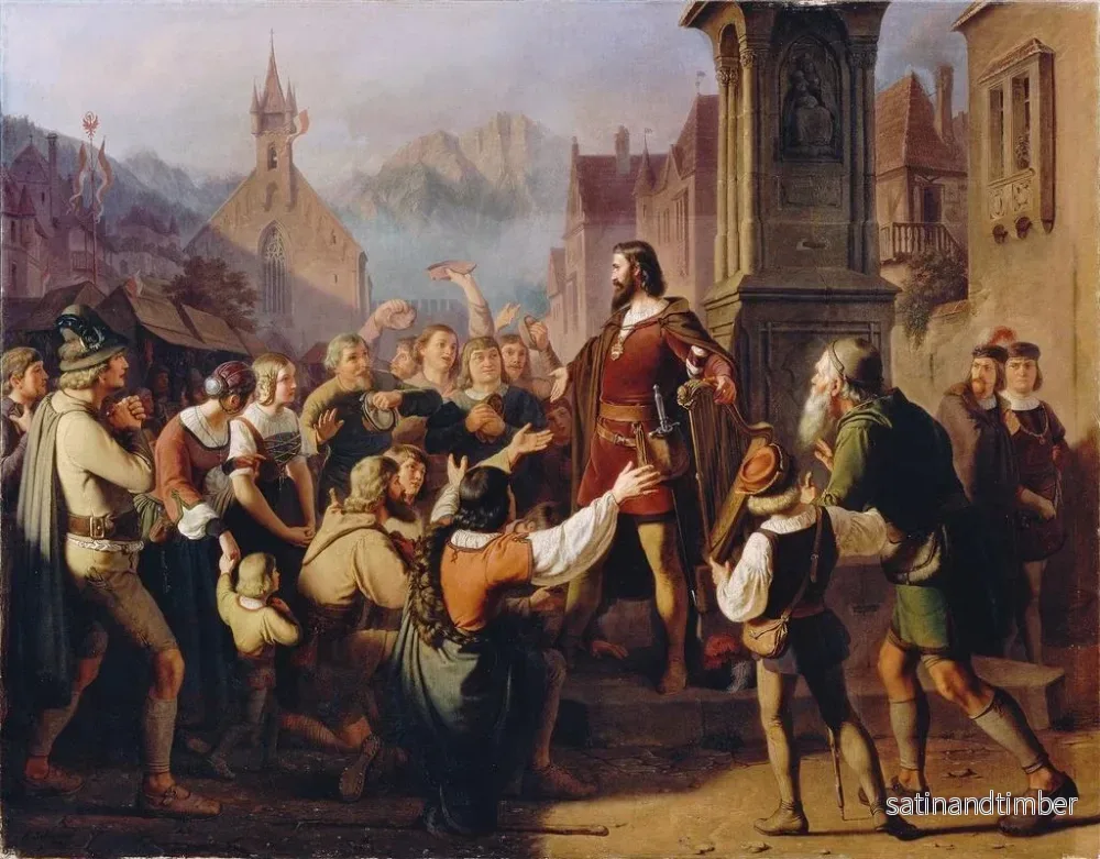 Reproduktion av målningen Le duc Frédéric IV utklädd till minnespelare avslöjas för sina trogna Tyrolare när han flyr från Konstanz - Franz Schams - Bild 2