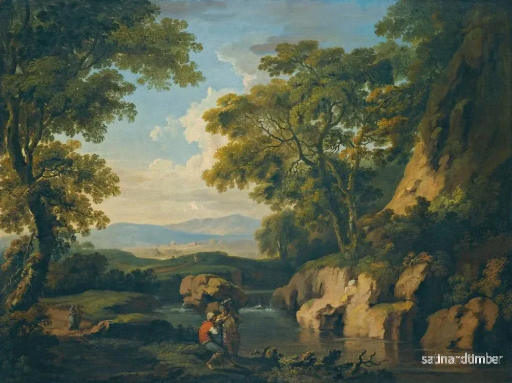 Reproduktion av målningen av ett bergigt skogigt landskap med figurer nära en flod i förgrunden - George Barret - Bild 2