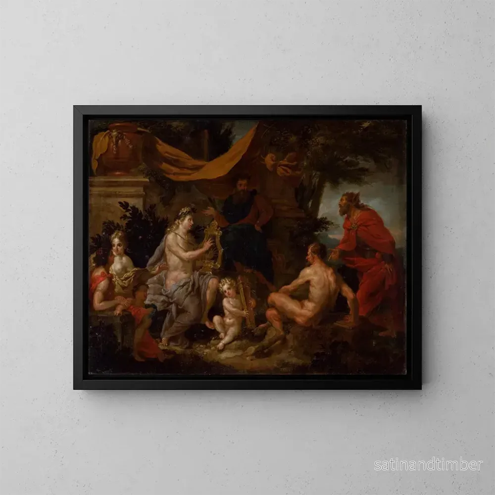 Reproduktion av målningen La compétition musicale de Pan et Apollon - Godfried Maes