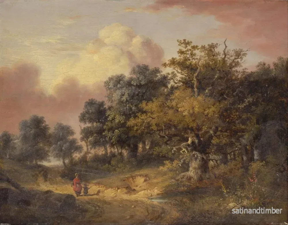 Reproduktion av målningen landskapsbild med skog, kvinna och barn som går på en väg - Robert Ladbrooke - Bild 2