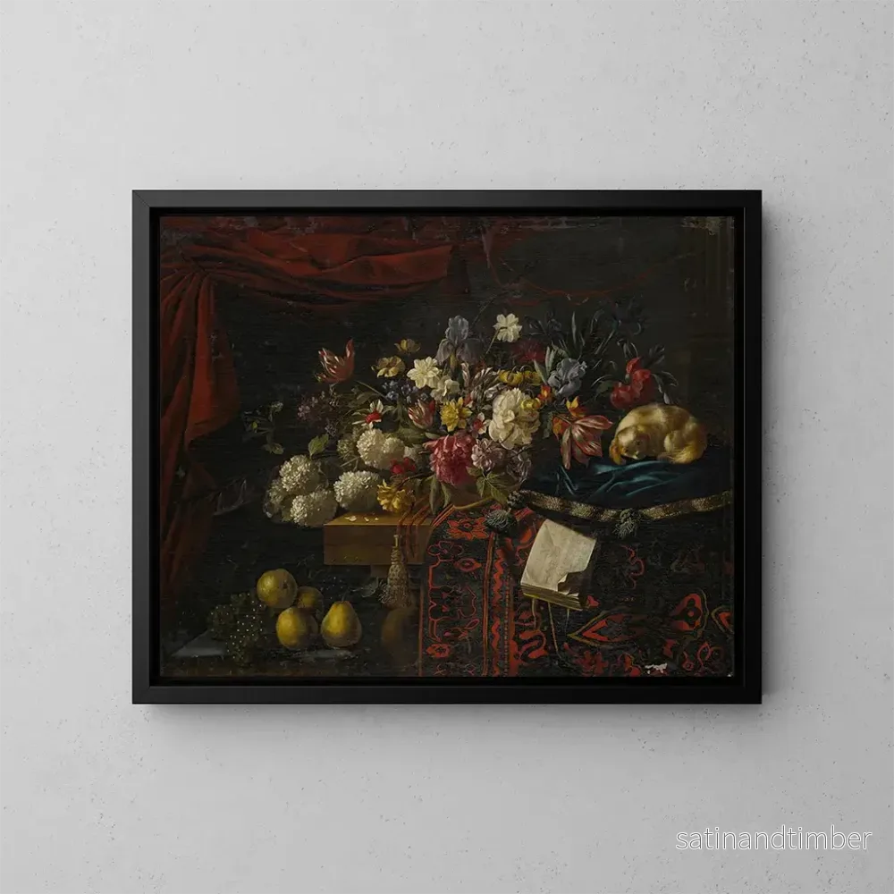Reproduktion av målningen Naturstilleben av blommor på ett bord med en matta, en musikbok och en hund sittande på en kudde - François Habert