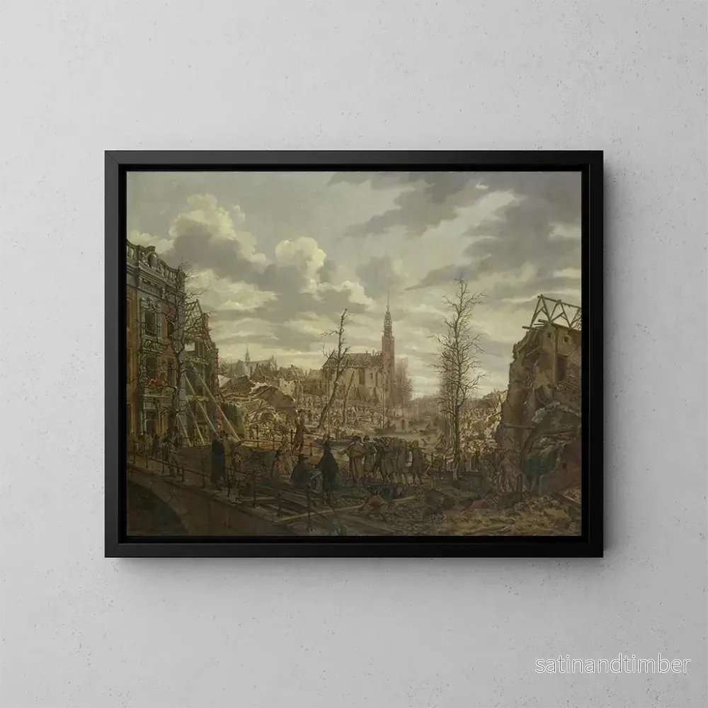 Reproduktion av målningen Le Rapenburg à Leyde tre dagar efter explosionen av en krutbåt den 12 januari 1807 – Johannes Jelgerhuis Reproduktion av målningen Le Rapenburg à Leyde tre dagar efter explosionen av en krutbåt den 12 januari 1807 – Johannes Jelgerhuis