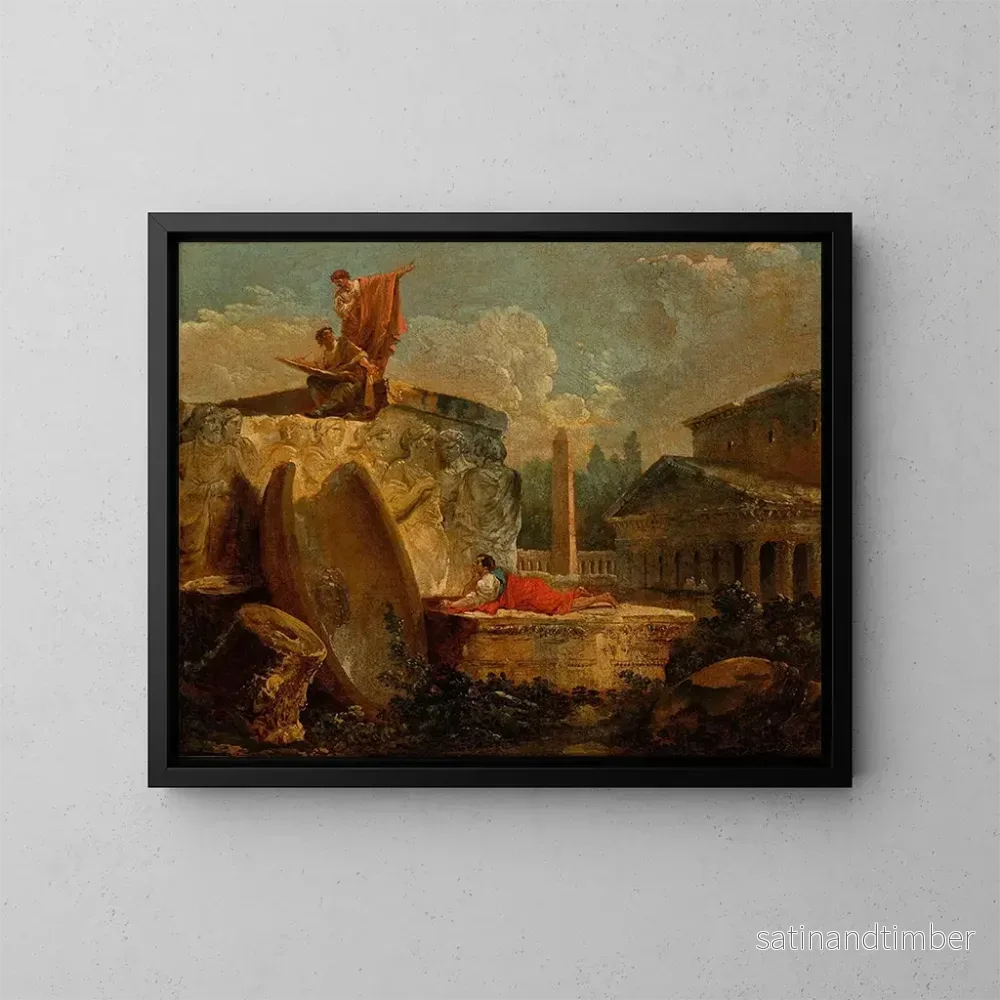 Reproduktion av målningen av tecknare i ett landskap med antika ruiner - Hubert Robert