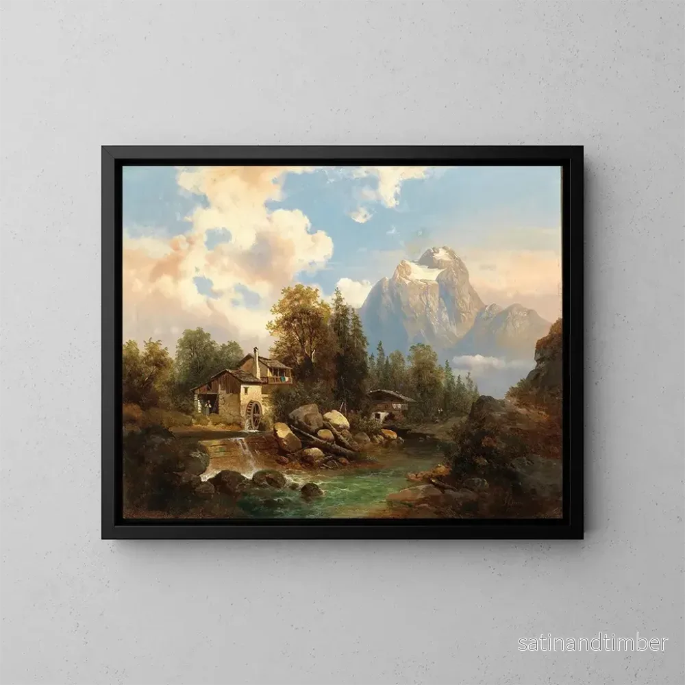 Reproduktion av målningen En kvarn vid en flodkant i ett bergslandskap med Dachstein-massivet i bakgrunden – Josef Thoma Reproduktion av målningen En kvarn vid en flodkant i ett bergslandskap med Dachstein-massivet i bakgrunden – Josef Thoma