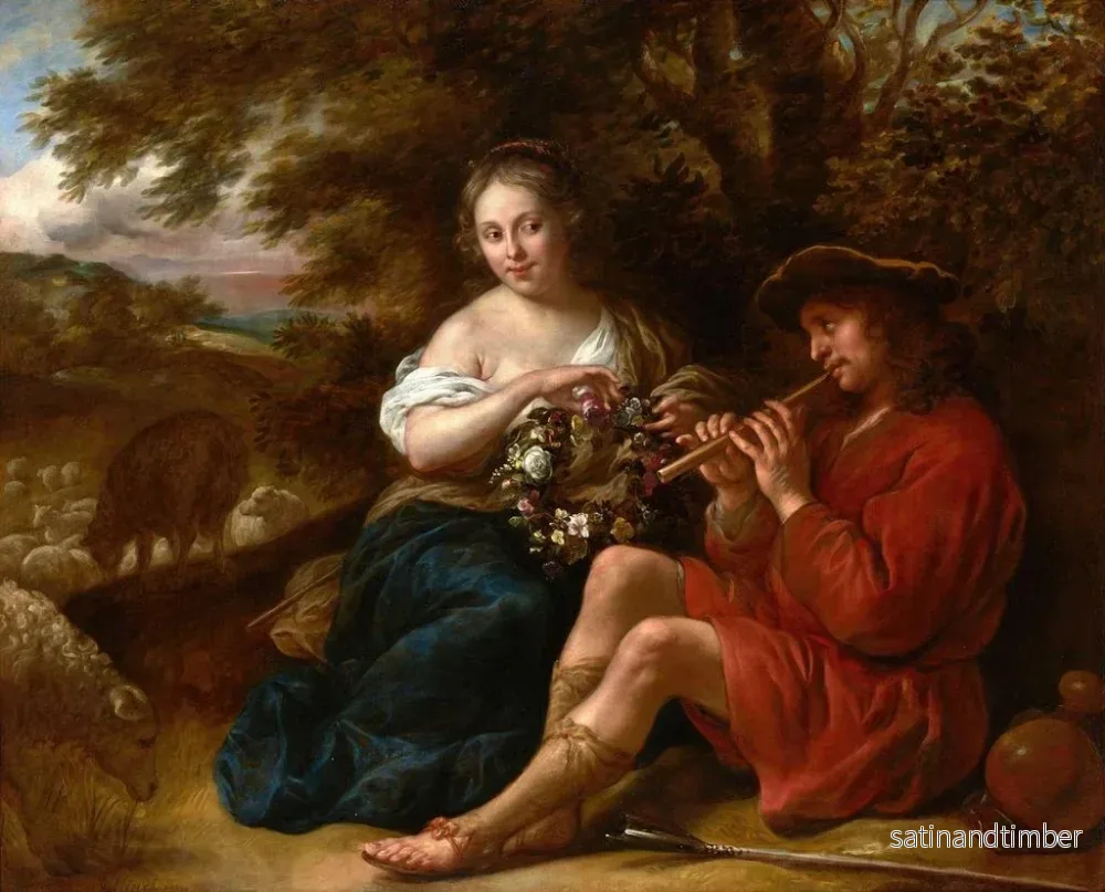 Reproduktion av målningen Bergère elegant lyssnar på en herde som spelar flöjt i ett arkadiskt landskap - Govert Flinck - Bild 2