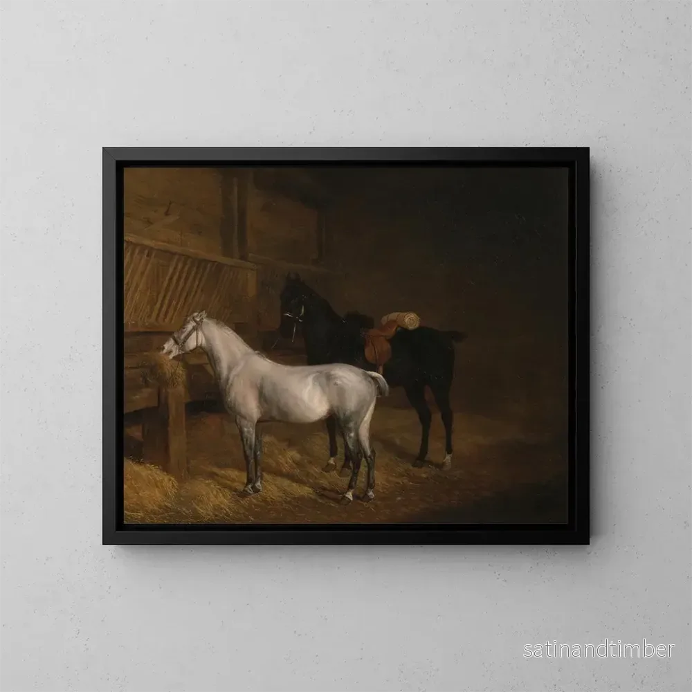 Reproduktion av målningen En grå ponny och en svart häst i ett stall - Jacques-Laurent Agasse