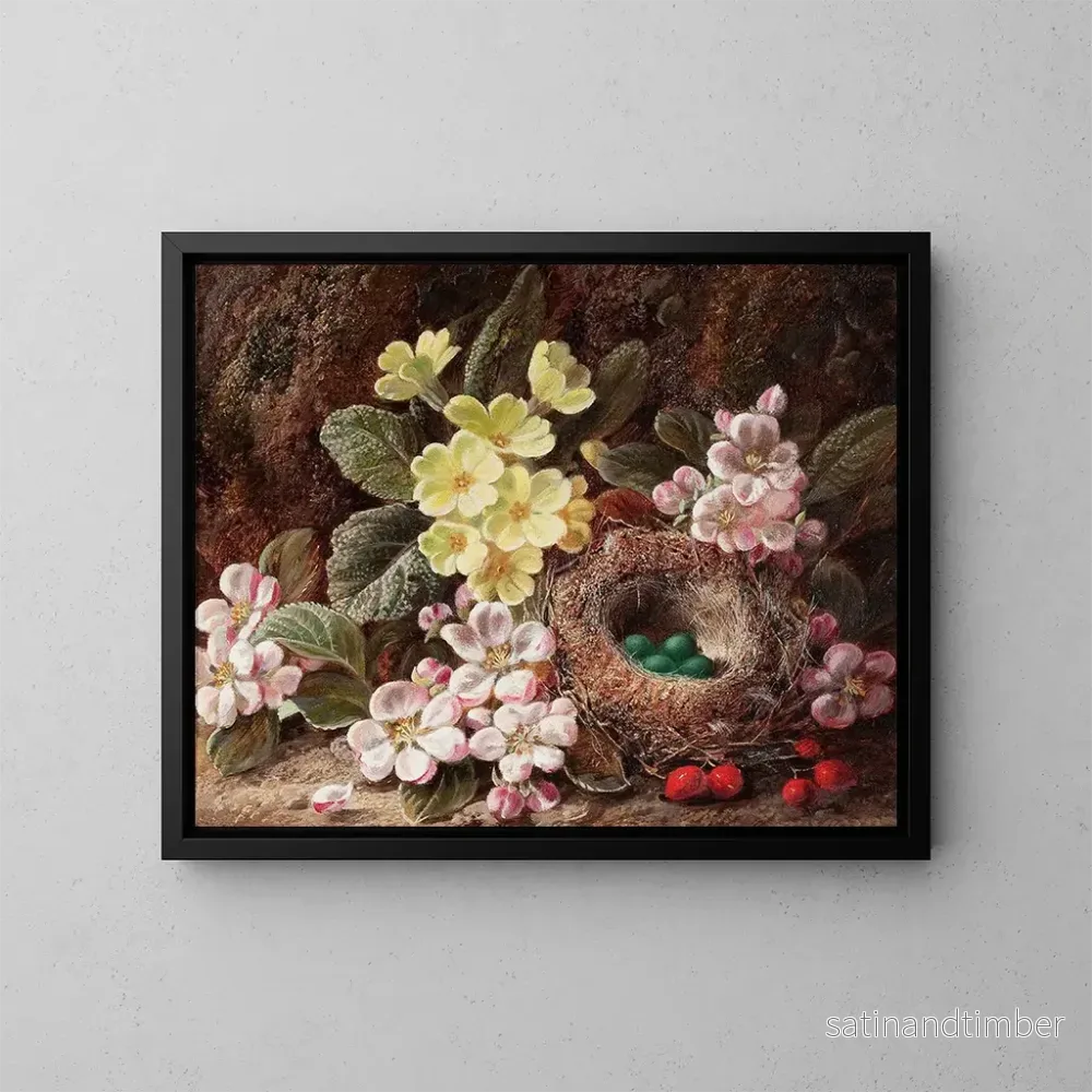 Reproduktion av målningen av stilleben med äppleblommor, förgätmigejer och fågelbo - George Clare