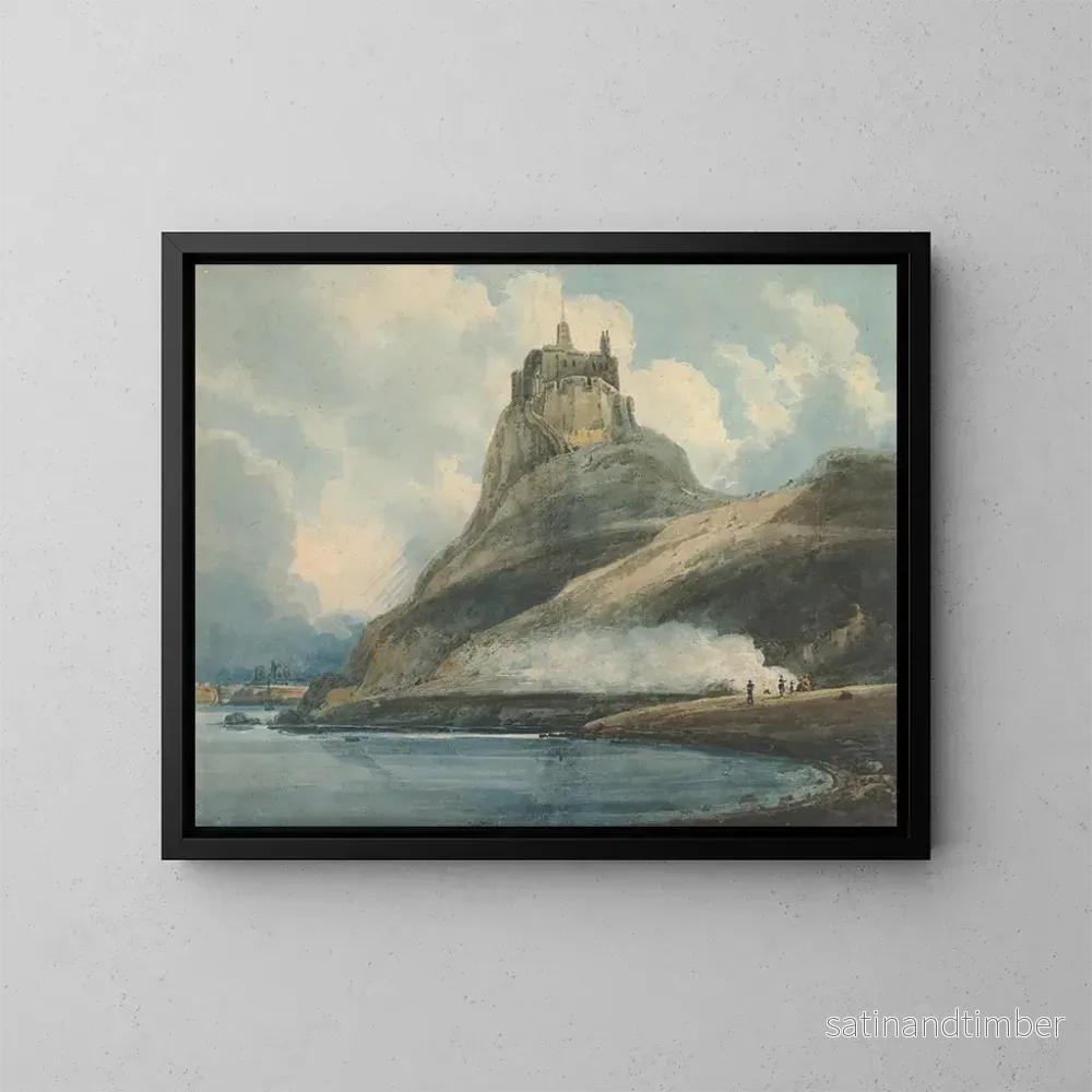 Reproduktion av målningen av Château de Lindisfarne, Île Sainte-Marie, Northumberland – Thomas Girtin