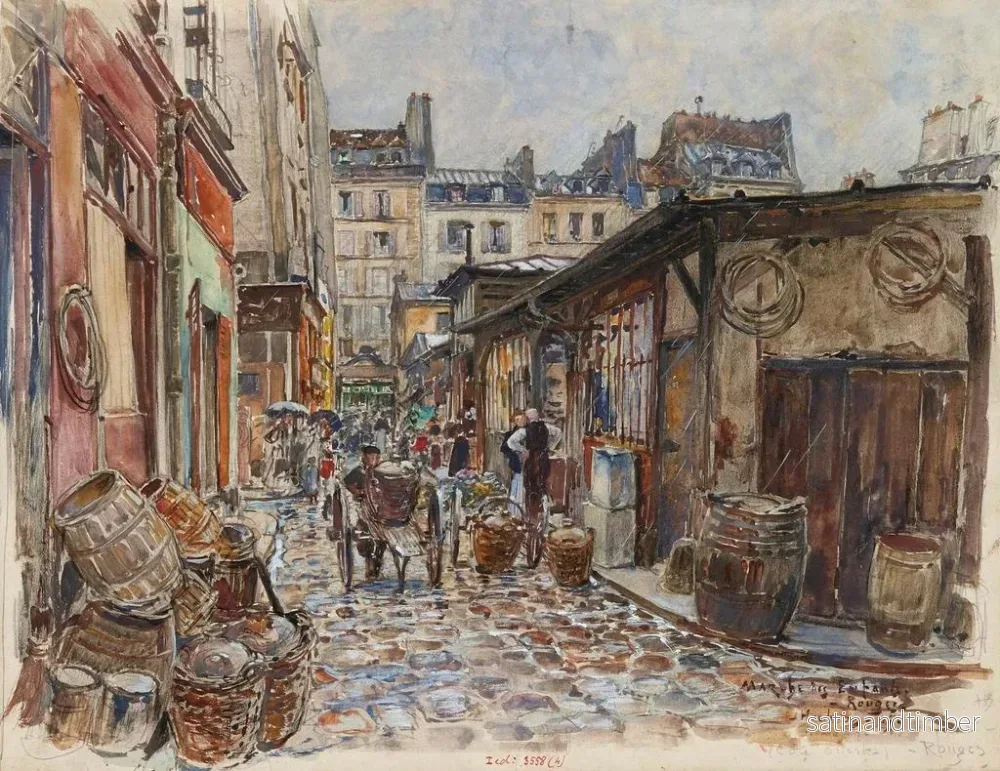 Reproduktion av målningen av Marknaden för Barn Röda i väster under regn 1907, 3:e arrondissement - Frédéric Houbron - Bild 2