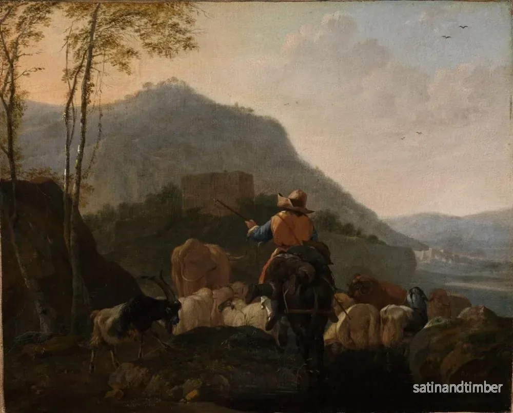 Reproduktion av målningen Bergers som lämnar med sin hjord i ett bergigt landskap i söder - Johann Heinrich Roos - Bild 2