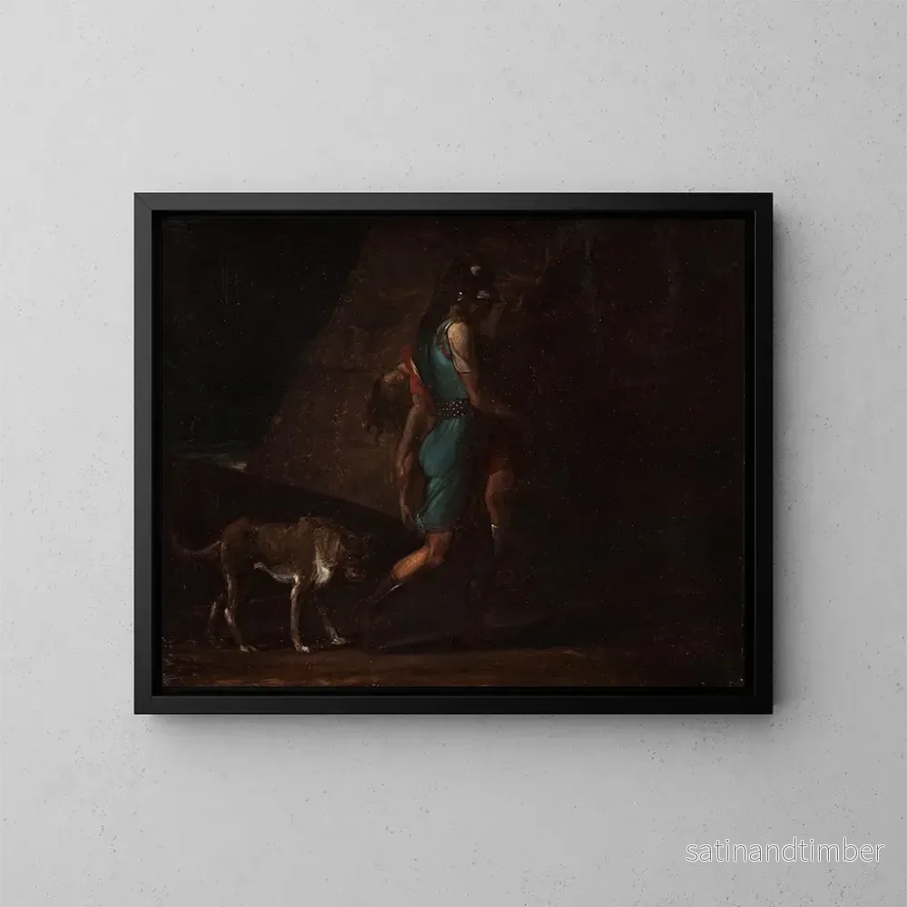 Reproduktion av målningen Ossian-målning föreställande sin döda bror Gillan, följd av Fingal Bran's hund - C.F. Hyer