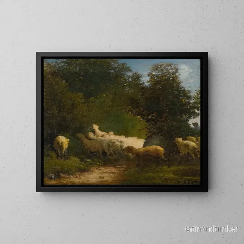Reproduktion av målningen av får betande längs en häck - Jean-François Millet