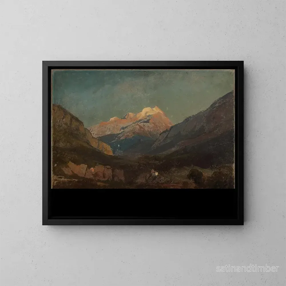 Reproduktion av målningen av schweizisk bergslandskap med kapell och fjärran snöklädd topp - Johann Wilhelm Schirmer
