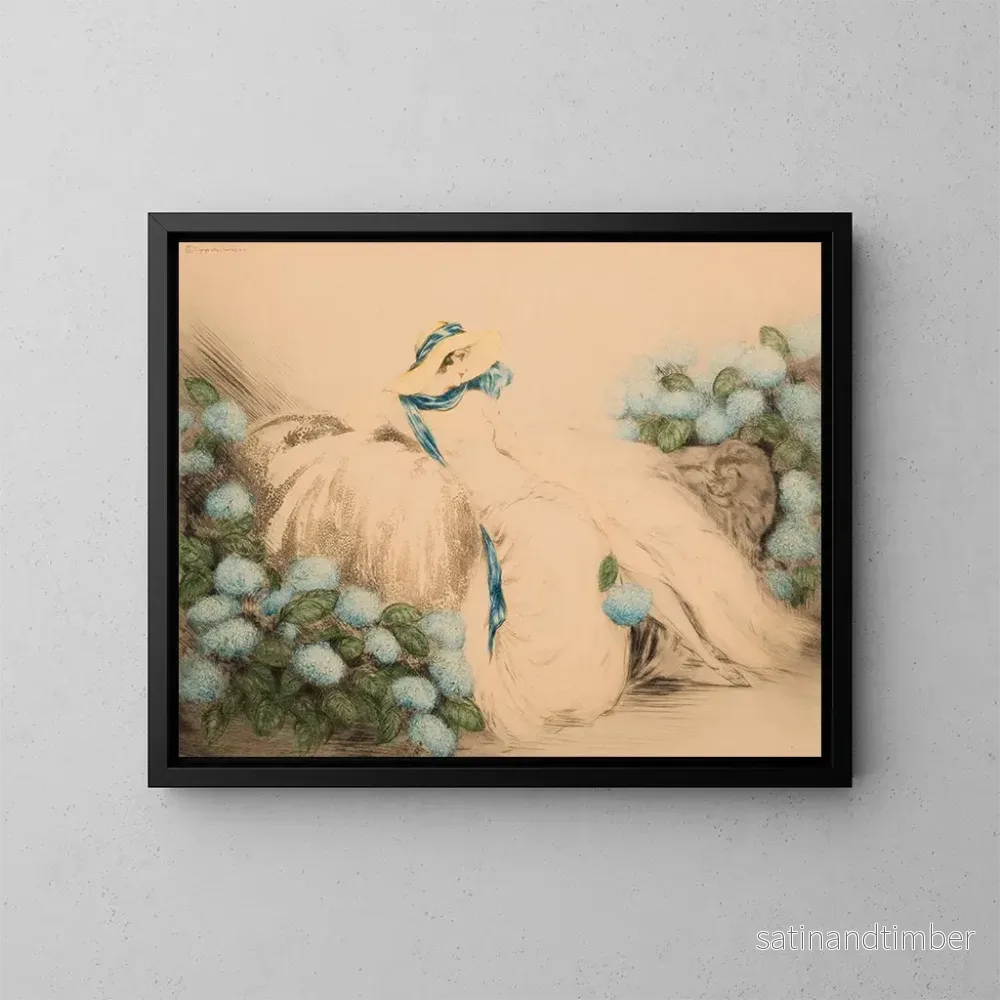 Reproduktion av målningen Dame aux fleurs bleues - Louis Icart