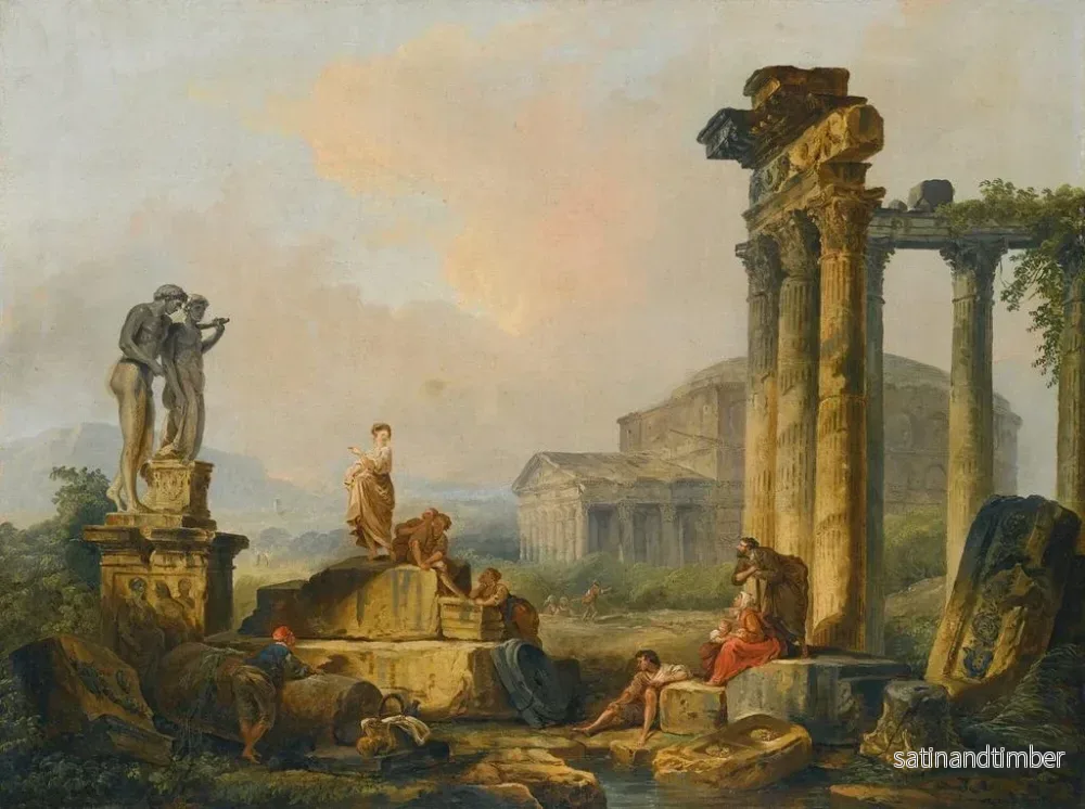 Reproduktion av målningen En landskap med herdar och fårskallar bland antika ruiner med statyn av Castor och Pollux och Pantheon i fjärran - Hubert Robert - Bild 2