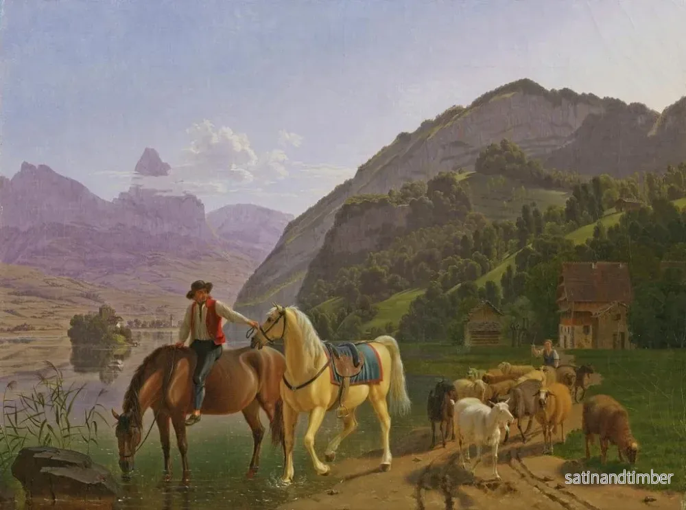 Reproduktion av målningen Cavalier med två hästar och ett hjord - Johann Jakob Biedermann - Bild 2