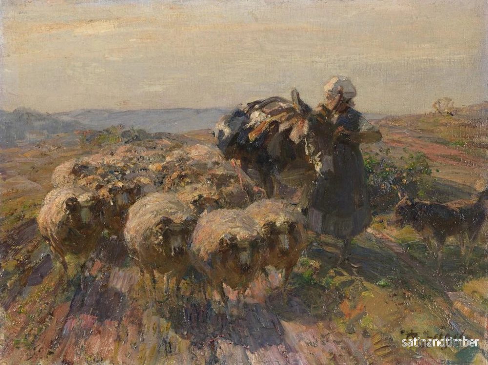 Reproduktion av målningen Troupeau de moutons med herdeinna och åsna i fältet - Heinrich von Zügel - Bild 2