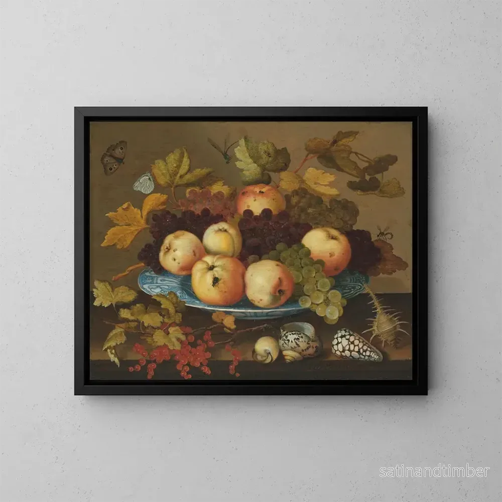Reproduktion av målningen av frukt i en porslinsfat från Wanli på ett bord - Balthasar van der Ast