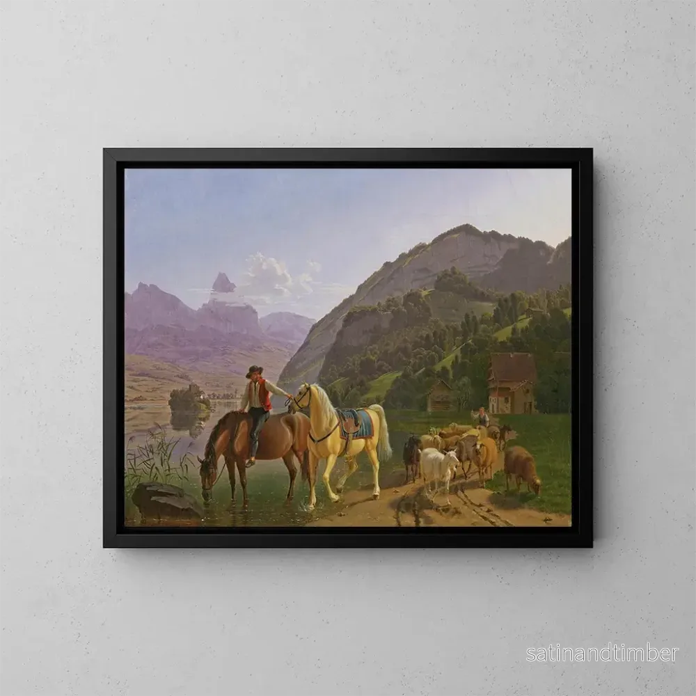 Reproduktion av målningen Cavalier med två hästar och ett hjord - Johann Jakob Biedermann