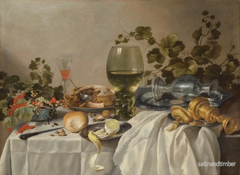 Reproduktion av målningen Liten frukost eller silversmide och glas på ett draperat bord med vinrankor, frukt och bakverk - Pieter Claesz - Bild 2