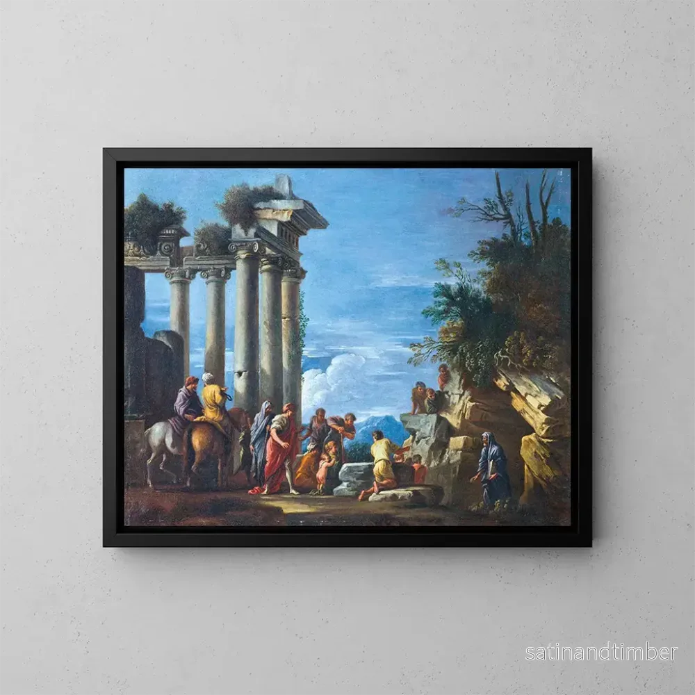 Reproduktion av målningen Figurer nära ett ruinösa tempel med Pythagoras som dyker upp ur grottan - Giovanni Ghisolfi
