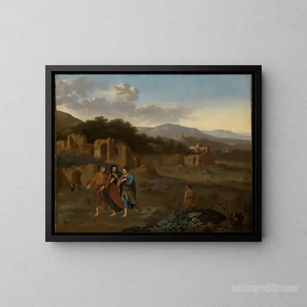 Reproduktion av målningen av italiensk bergslandskap med Kristus och de två lärjungarna på väg till Emmaus – Cornelis van Poelenburg Reproduktion av målningen av italiensk bergslandskap med Kristus och de två lärjungarna på väg till Emmaus – Cornelis van Poelenburg