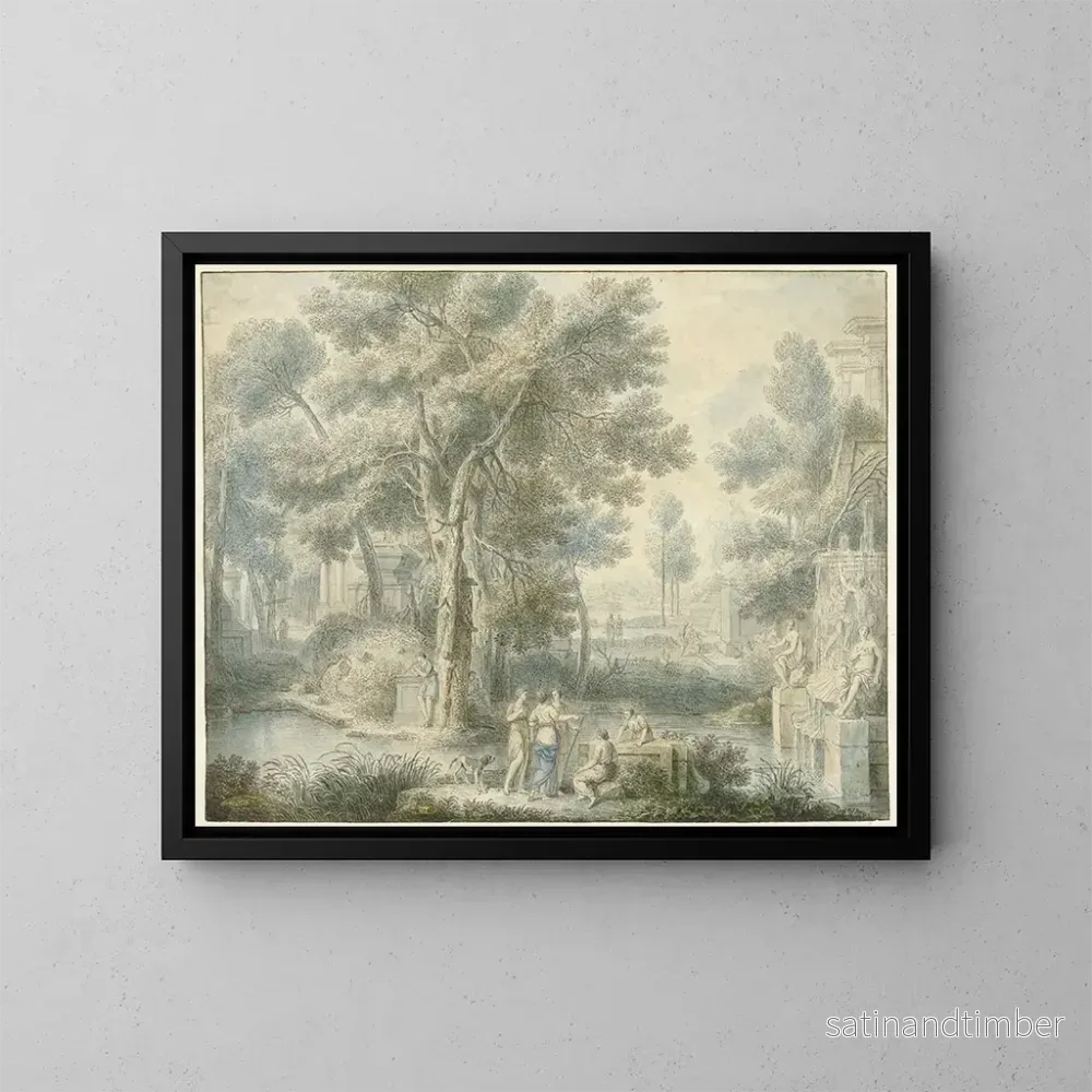 Reproduktion av målningen landskapsarkad med en fontän till höger - Louis Fabritius Dubourg