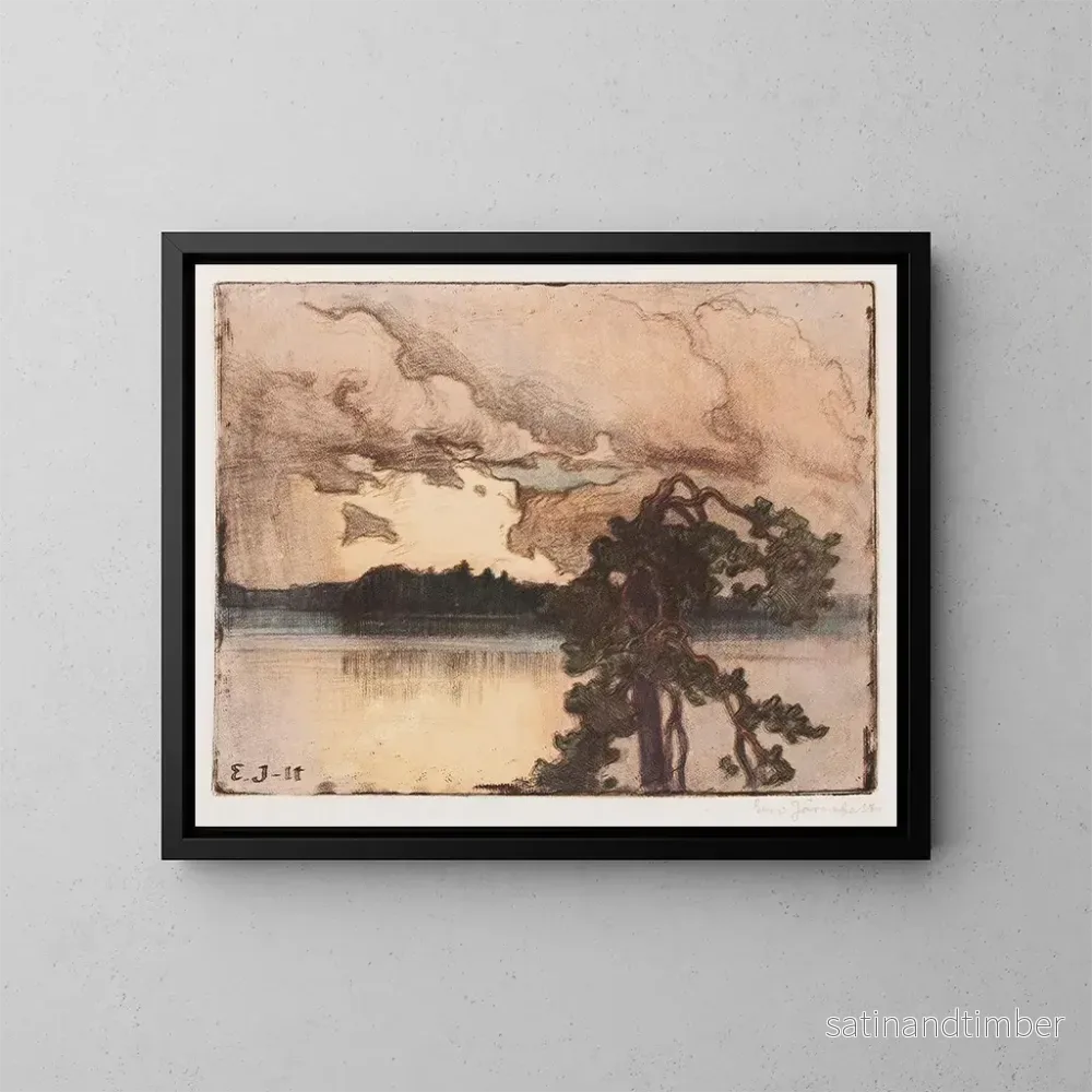 Reproduktion av målningen Landskapsbild vid sjön vid solnedgången - Eero Järnefelt