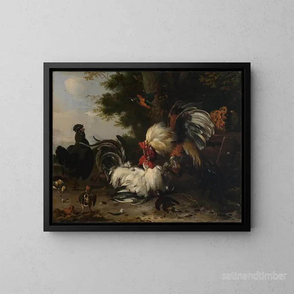 Reproduktion av målningen La guerre dans la cour des poules - Melchior de Hondecoeter