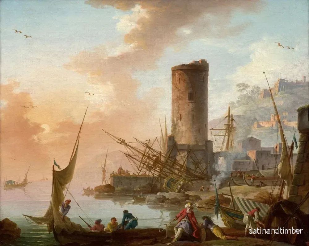 Reproduktion av målningen av den livliga medelhavshavsbukten med fiskare och levantinska köpmän på morgonen - Charles-François Lacroix - Bild 2