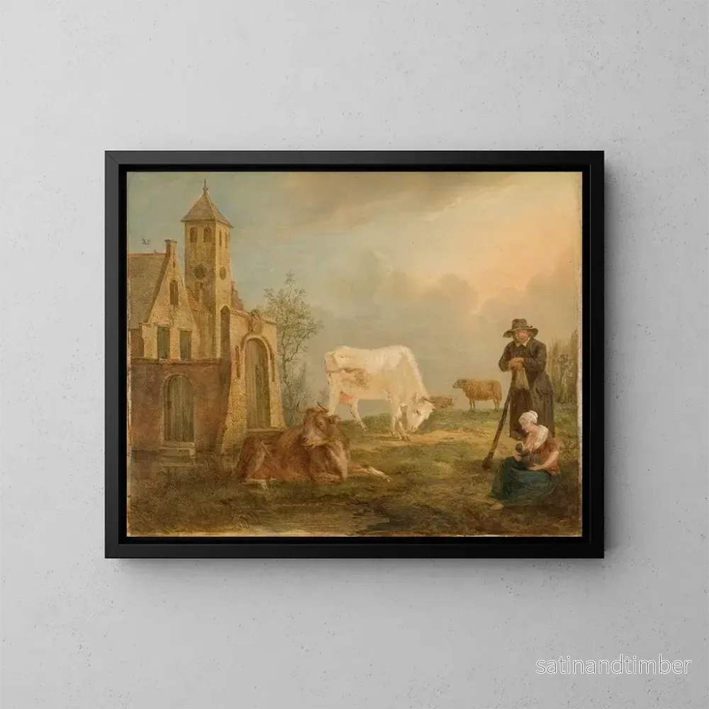 Reproduktion av målningen Landskap med bönder och kor - Petrus Johannes van Regemorter