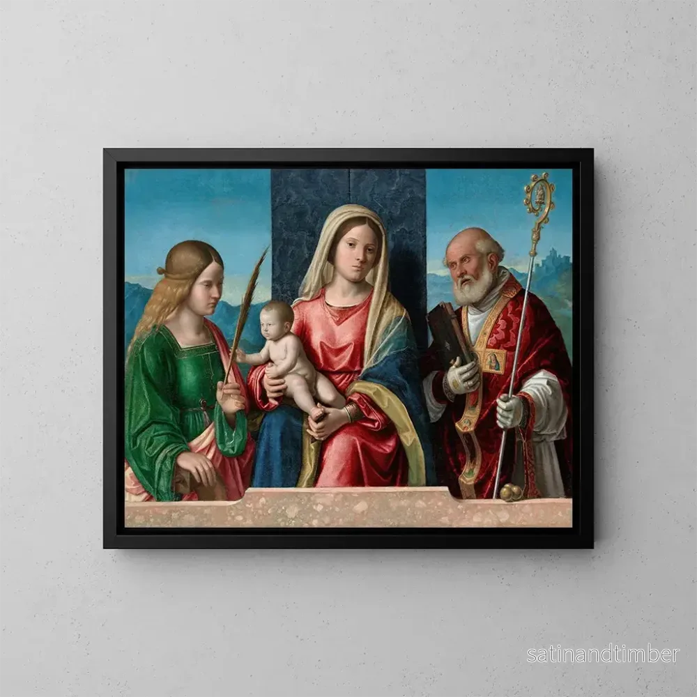Reproduktion av målningen av den heliga jungfrun med barnet med helgonen Katarina och Nikolaus - Giovanni Battista Cima da Conegliano
