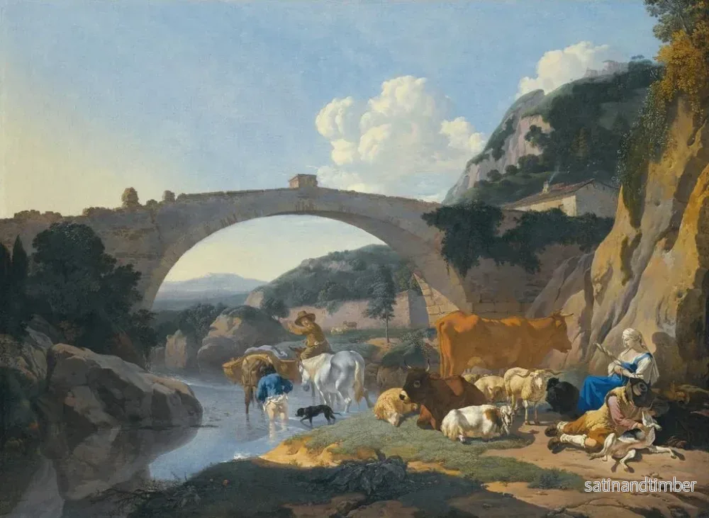 Reproduktion av målningen Landskapsmålning i kursiv med herdar och djur som vilar vid en flod under en bro - Karel Dujardin - Bild 2