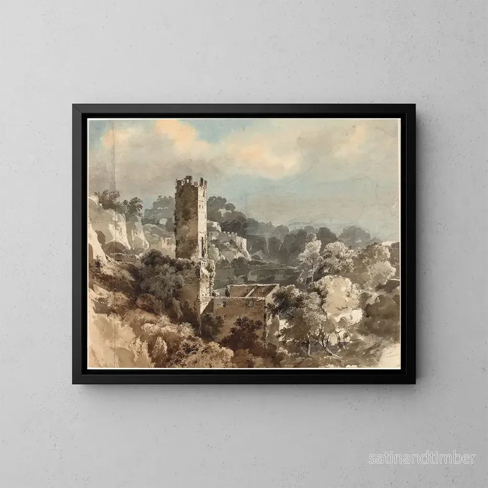 Reproduktion av målningen av Ruiner av ett befäst torn bland skogsklädda kullar - Friedrich Salathé