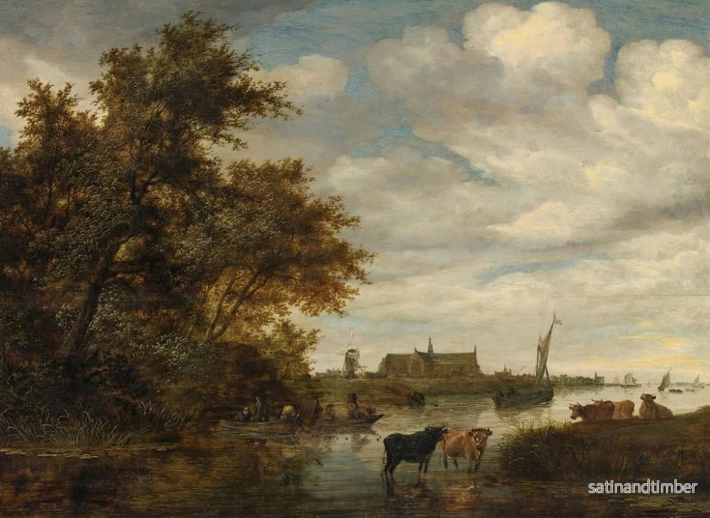 Reproduktion av målningen Landskapsflod med fiskare och boskap, Grote Kerk-kyrkan i Alkmaar i fjärran - Jacob Salomonsz van Ruysdael - Bild 2