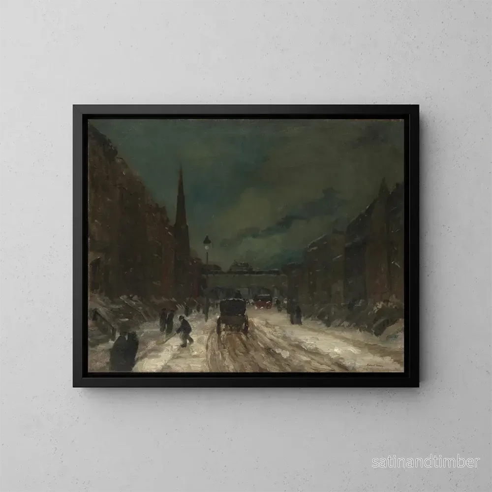 Reproduktion av målningen av snöig gatubild, 57th Street, NYC - Robert Henri