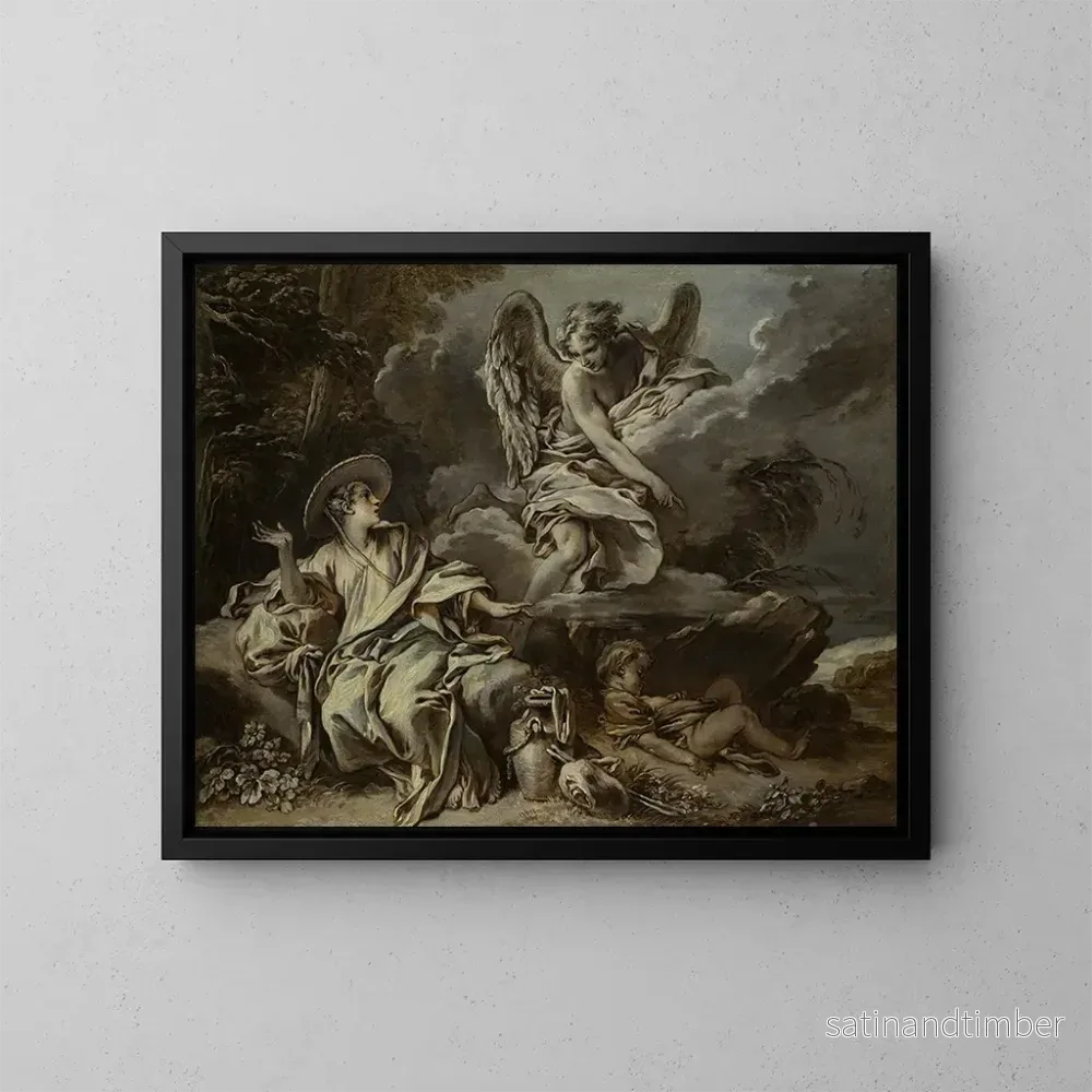 Reproduktion av målningen Hagar och Ismael i öknen med ängeln - François Boucher