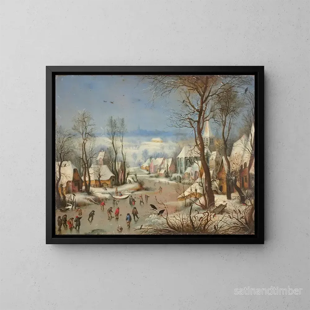 Reproduktion av målningen Landskapsmålning med vintermotiv med fågelholk efter Pieter Brueghel – Joseph van Bredael
