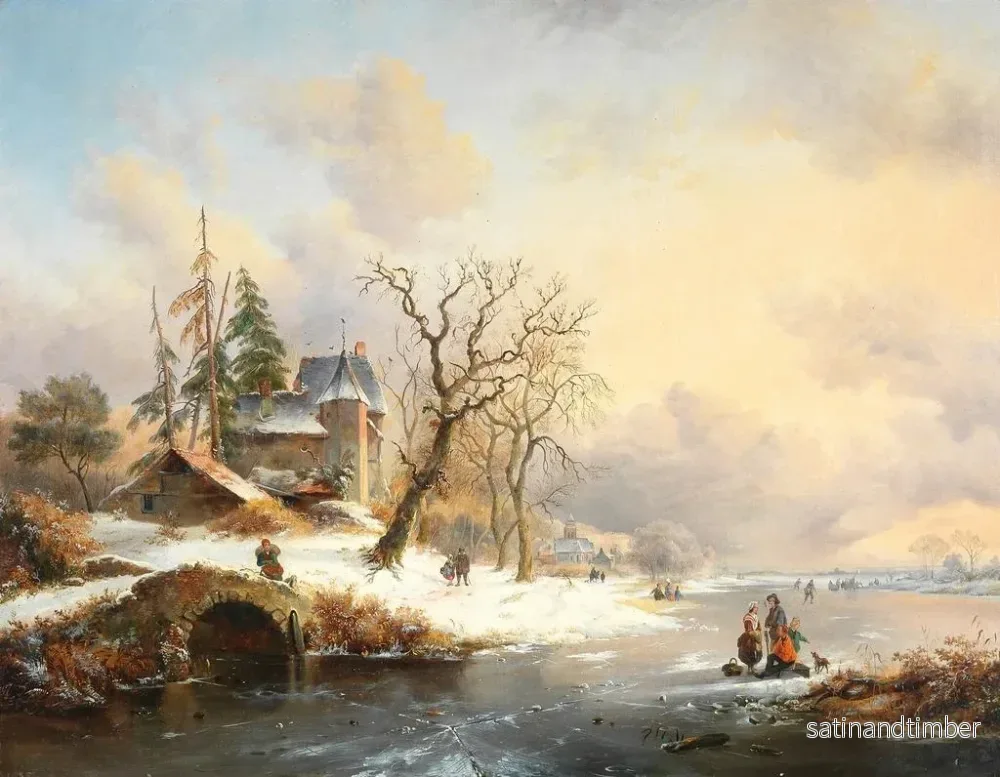 Reproduktion av målningen vinterlandskap med figurer nära ett herrgård - Frederik Marinus Kruseman - Bild 2