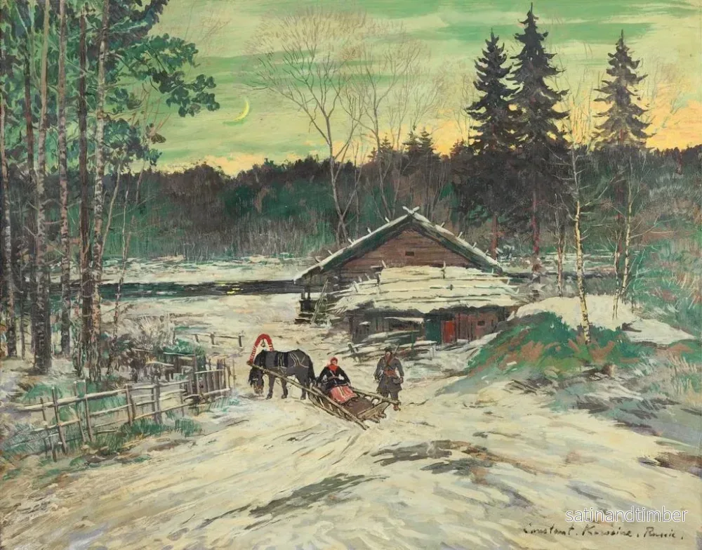 Reproduktion av målningen Jägare som samtalar med en kvinna i en släde - Konstantin Alexeïevitch Korovine - Bild 2