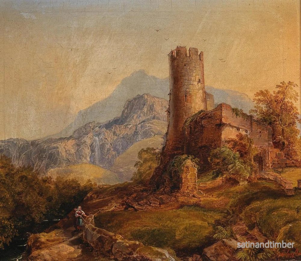 Reproduktion av målningen av ett bergslandskap med slottsruiner och figurer - Julius Theodor Gruss - Bild 2