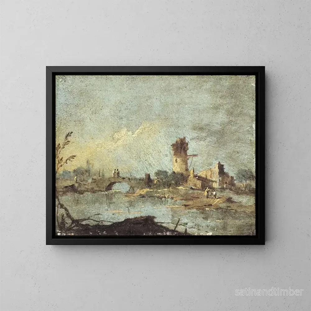 Reproduktion av målningen av rustikt caprice med en bro och ett förfallet torn - Francesco Guardi